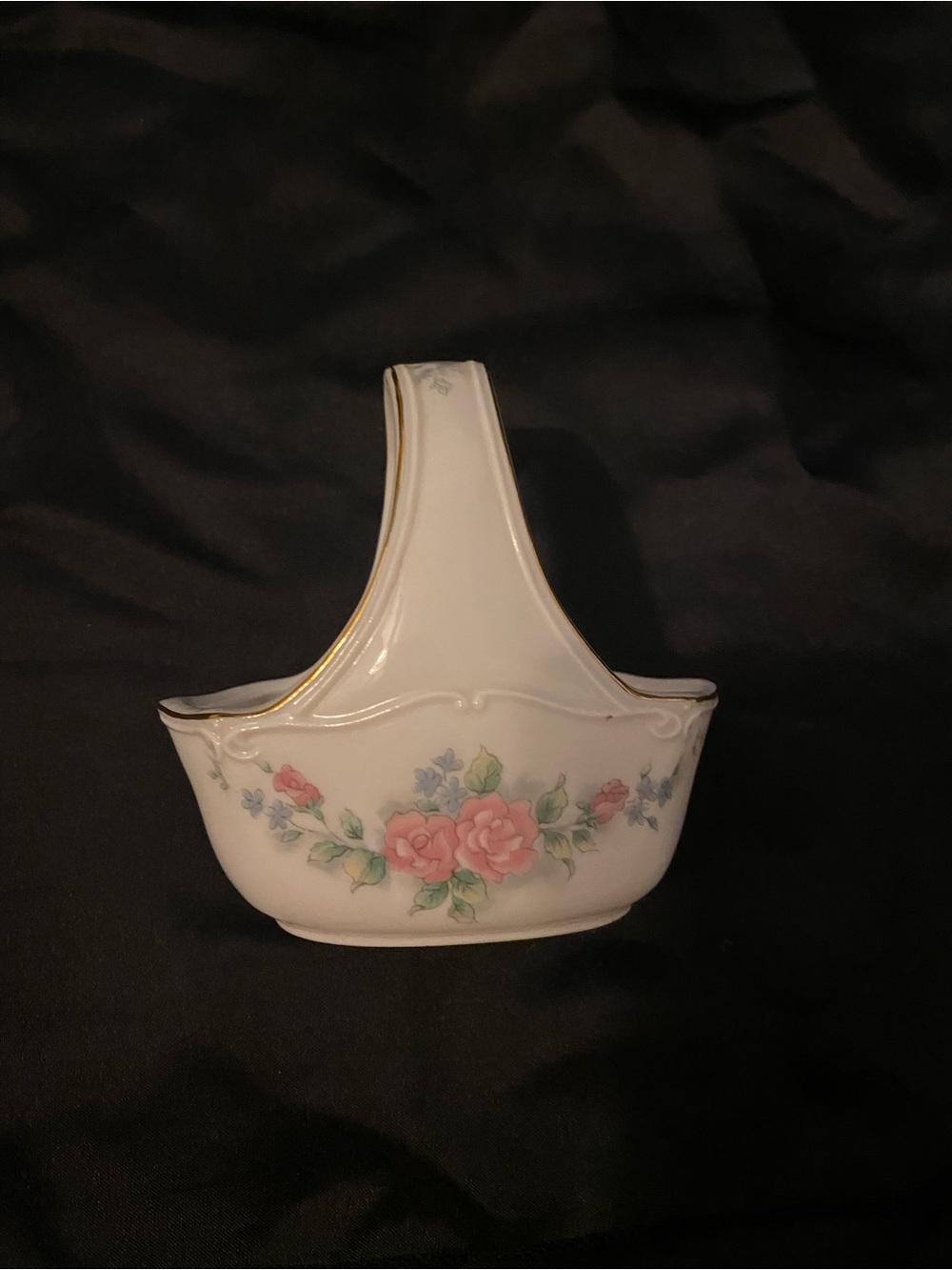 White Floral Porcelain Basket with Pink Rose Motif
